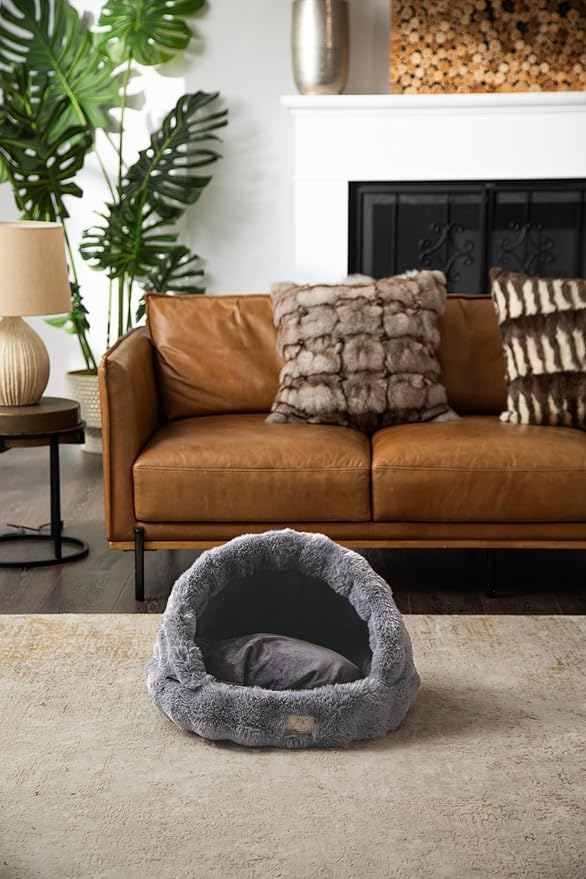 Furry's Paradise Rabbit Faux Fur Slipper Pet Bed with Recycled Fibers, Bolsters, Reversible Cushion, Waterproof Liners, and Removable Washable Cover. (Gray)