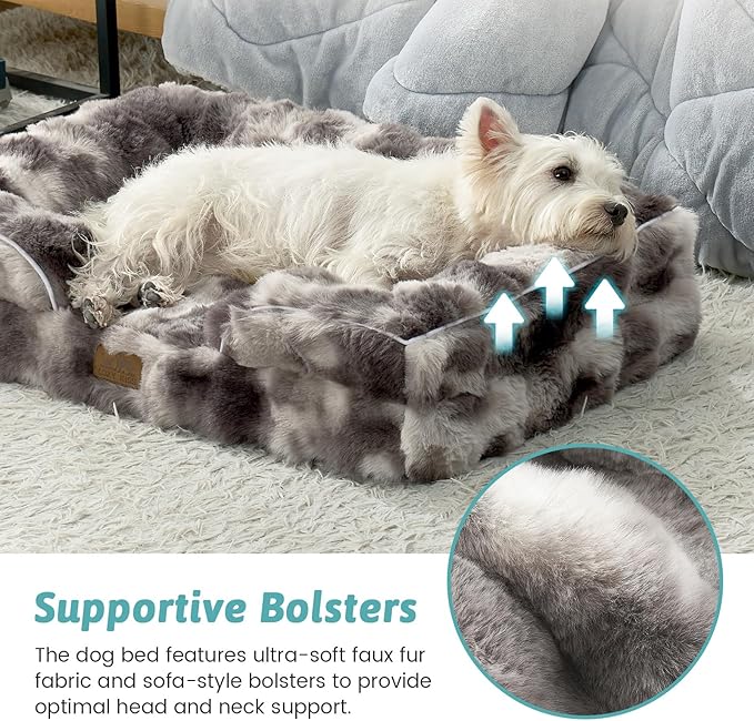 Orthopedic Dog Bed for Large Medium Size Dog, Faux Fur Pet Sofa, Foam Bolster Couch with Waterproof Lining Cover, Anti-Slip, Soft, Warm, Washable, C-Shaped, L 36x27x6.5 inch, Tie Dye Grey