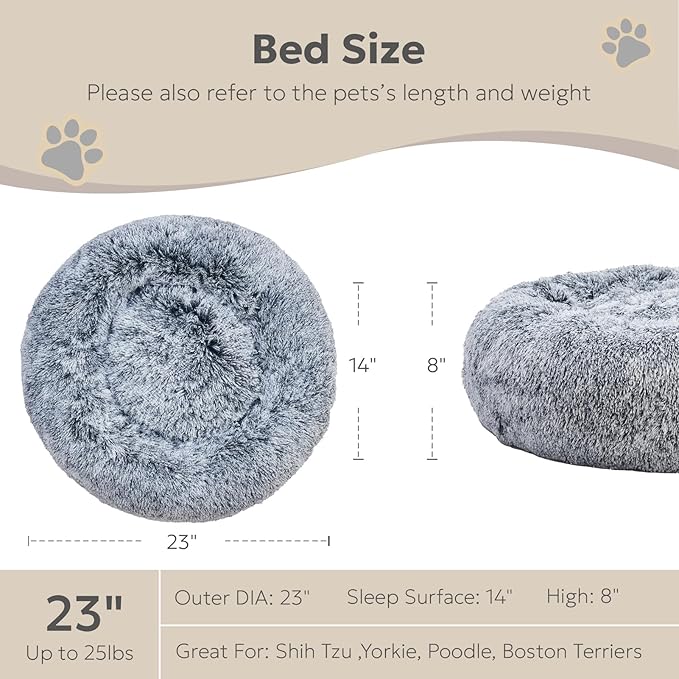 Calming Dog Bed for Small Dogs, Anti-Anxiety Donut Small Puppy Bed Washable, Fluffy Plush Faux Fur Large Cat Bed, Fits up to 20 lbs Pets (Dark Grey, 23")