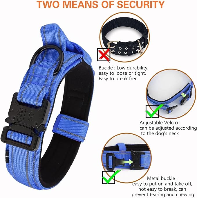 KCUCOP Tactical Dog Collar for Medium & Large Dogs - Military Nylon Heavy Duty Collar with Handle, Reflective Strip & Metal Buckle for Training, Outdoor (Reflective Dark Blue, Medium)