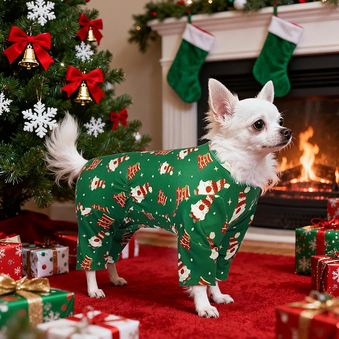 XXS Puppy Chihuahu Christmas Pajamas - 4-Leg Long Sleeve Dog Onesie | Warm, Soft & Breathable Pjs for Sleeping, Cute Xmas Prints Suit for Indoor Comfort & Shedding Control, Green