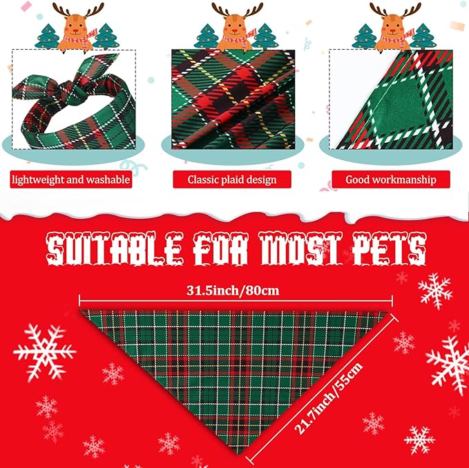 Sanwuta 50 Pieces Christmas Dog Bandanas Bulk, Classic Plaid Dog Bandanas, Triangle Scarf Plaid Kerchief for Small to Large Puppy Pet Cats(XL)