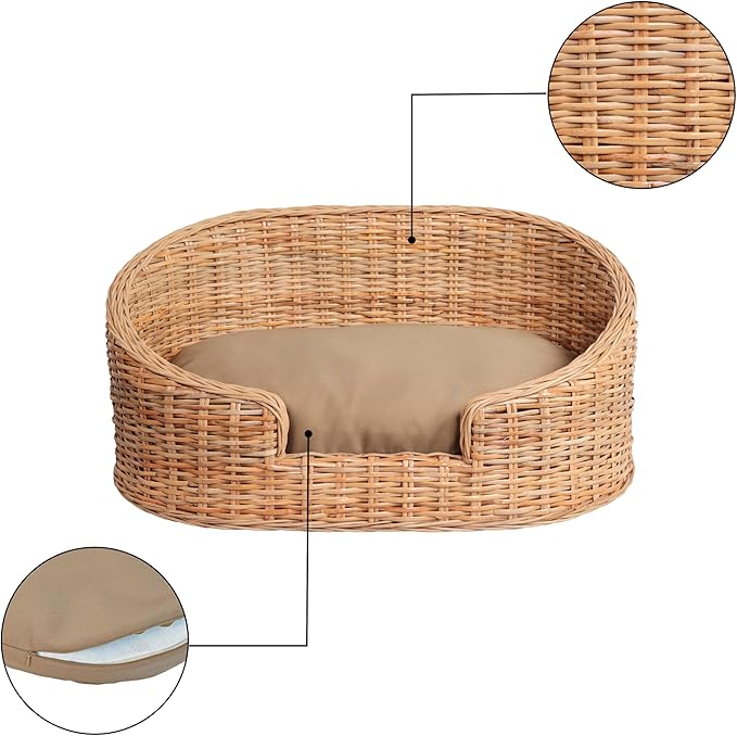 DBD1000B Curvy 28.5" x 17.25" Classic Handwoven Rattan Pet Bed with Machine-Washable Cushion, Light Brown