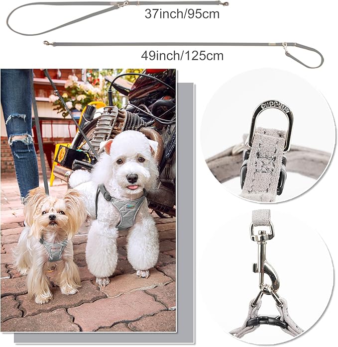 Puppytie No Pull xs Dog Harness with Multifunction Dog Leash,Soft Adjustable No Choke Escape Proof Pet Harness Vest,Glossy Grey,XS