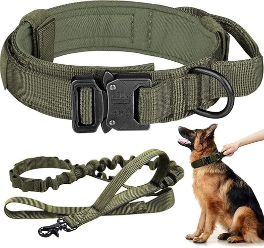 Tactical Dog Collar and Leash Set Heavy Duty Military Dog Collar with Handle and Metal Buckle for Medium and Large Dogs (Army Green, L)