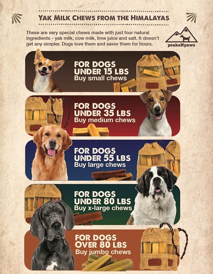 peaksNpaws Yak Cheese, High Protein, Himalayan Dogs Chews, Natural Dog Treats, Lactose Free, Long Lasting Dogs Treat for Aggressive Chewers Under 55 lbs, 8 Large Chew Sticks