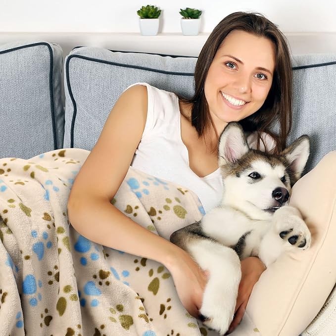 Rezutan Dog Blankets for Large Dogs, Dog Cat Flannel Blankets Washable, Soft Pet Mat Throw Cover for Kennel Crate Bed, Cute Paw Pattern,Pet Blanket (Beige 60" x 80")