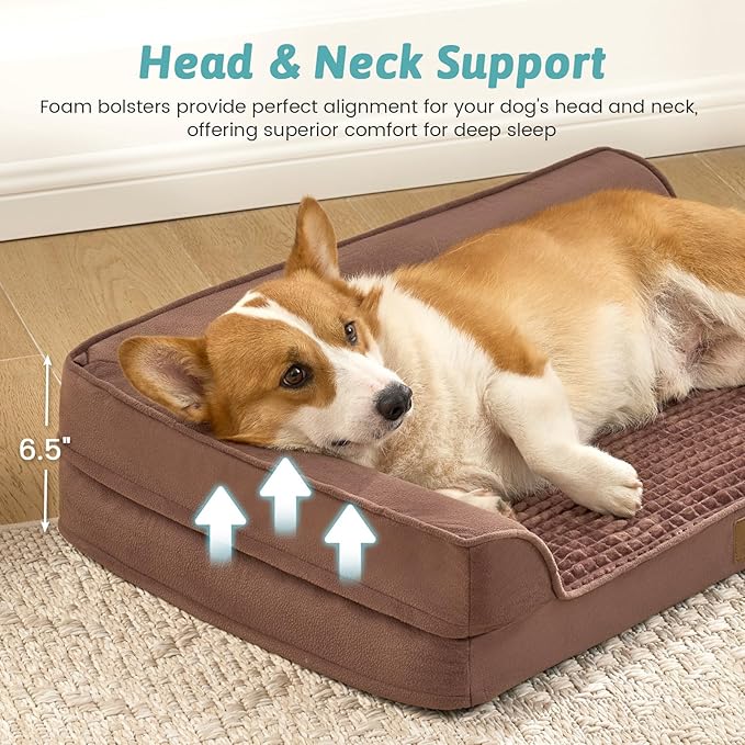 Orthopedic Dog Bed for Large Medium Size Dog, Pet Sofa, Foam Bolster Couch with Waterproof Lining Cover, Anti-Slip, Washable, L-Shaped, L 36x27x6.5 inch, Brown