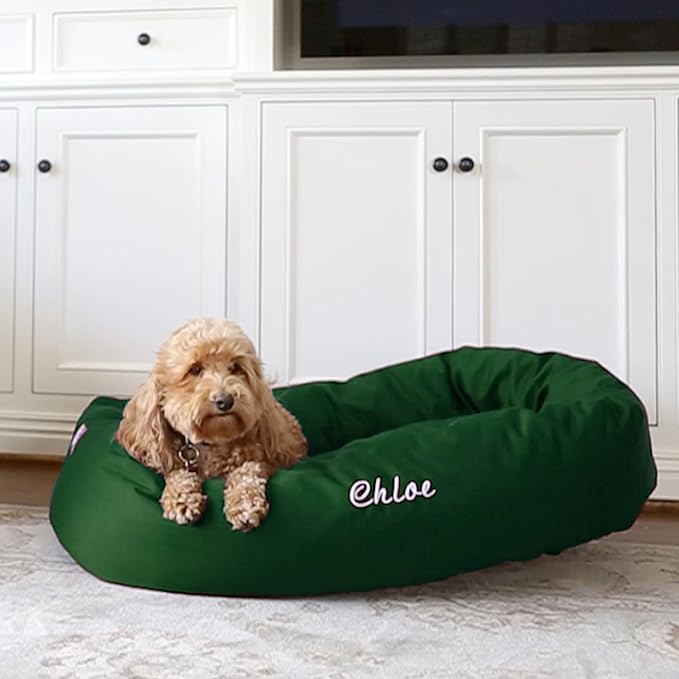 Majestic Pet Personalized 24 Inch Bagel Calming Bed - Washable, Cozy Soft Round With Spine Support for Dogs to Rest Their Head - Fluffy Donut 24x19x7 (Inch) - Small - Green