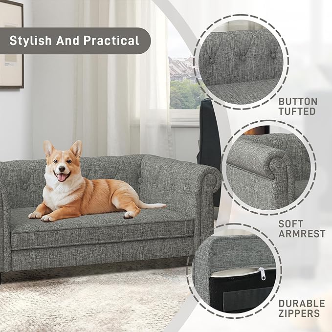 Dog Sofa Couch for Medium Dogs, 31" Memory Foam Dog Couch with Washable Fabric Removable Cushion, Sofa Bed for Medium Dogs, Grey