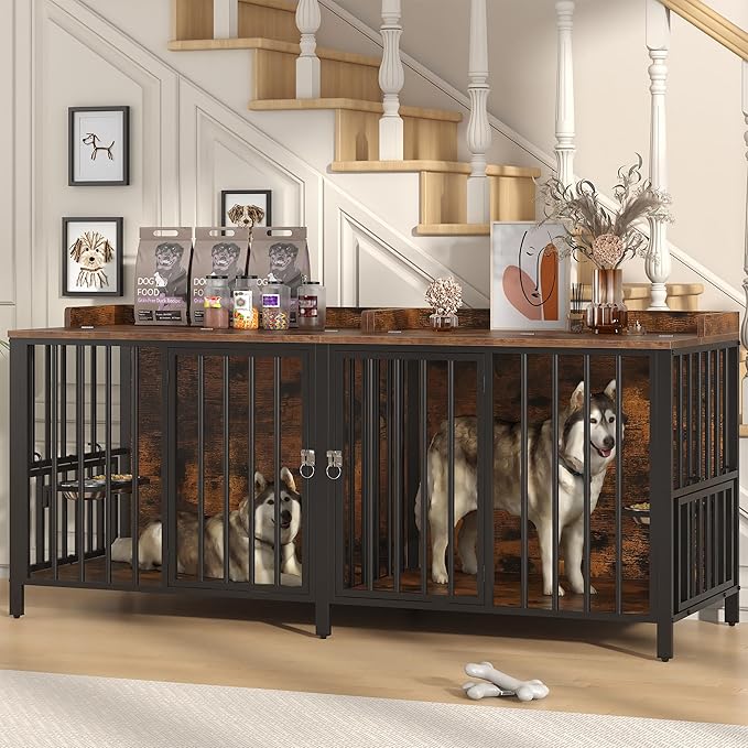 BOINN 78 Inch Dog Crate, Large Dog Crate for 2 Dogs, Dog Kennel Indoor for Large/Medium Dogs with Top Access Door, XL Wooden Dog Cage with 360 Degree Rotatable Stainless Bowls, Heavy Duty Steel Frame
