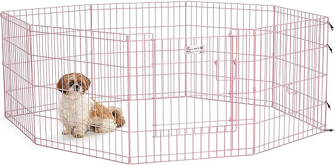 MidWest Homes for Pets Folding Metal Puppy/Dog Exercise Pen, Indoor/Outdoor Playpen with Door, 16 Sq Feet of Play Space, 24-Inches Tall, Pink