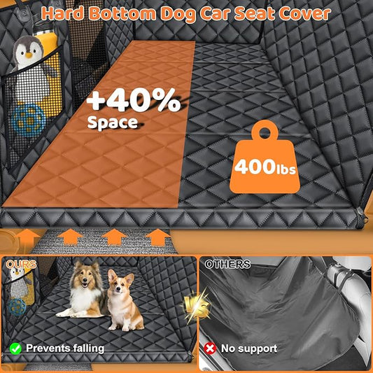 URPOWER Backseat Extender for Dogs - Hard Bottom Dog Car Seat Cover for Back Seat, Dog Hammock for Car, SUV, and Truck, Pet Rear Seat Protector Dogs Travel Bed with Mesh Window & Side Flaps
