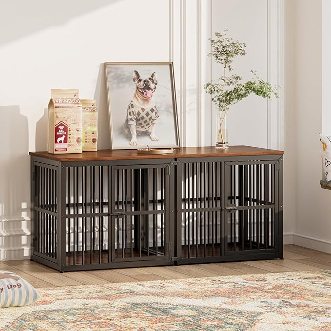 Lyromix 54'' Dog Crate Furniture with Double Rooms,Wooden Crate End Table Heavy Duty Indoor Puppy Cage for 2 Small Dogs, Multiple Units Can be Combined, Walnut