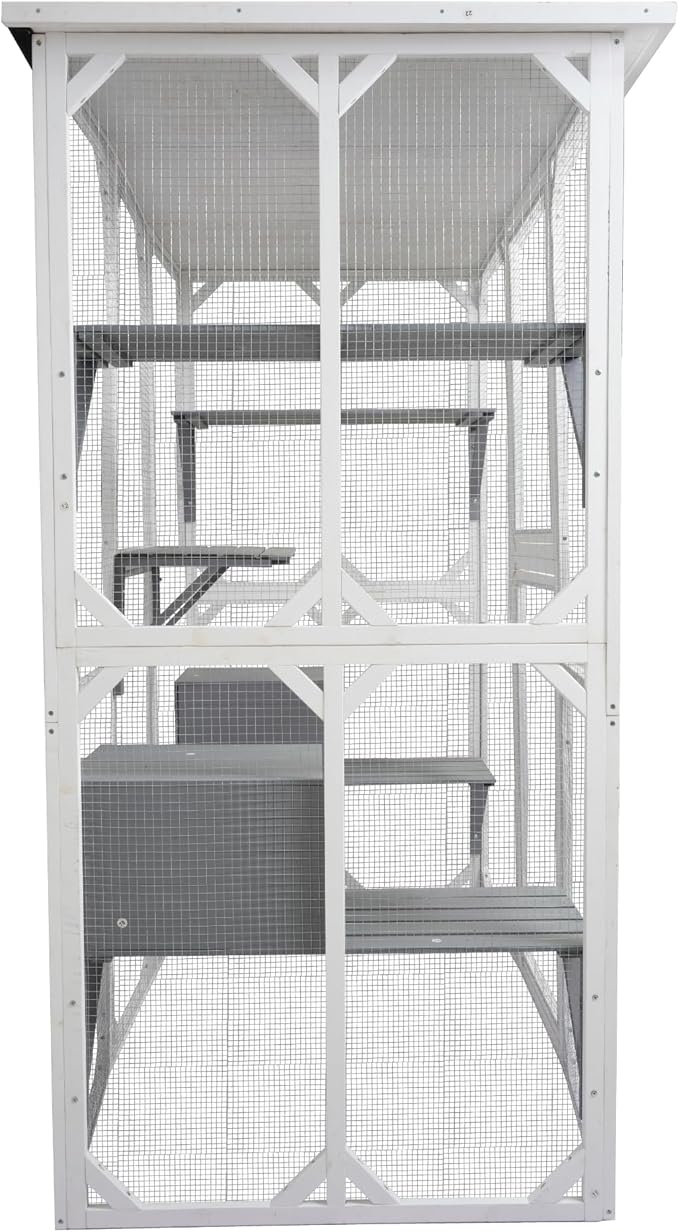 Ball & Cast 71" Wooden Catio Outdoor Cat Enclosure with Weatherproof Asphalt Roof,Jumping Platforms & Napping Houses,Walk-in Cats Kennel Shelter for Indoor,White
