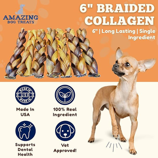 Amazing Dog Treats - 6 Inch Braided Collagen Sticks for Dogs - (10 Count) - Collagen Bully Sticks for Dogs