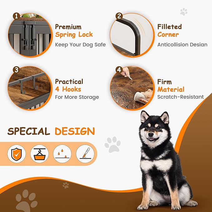 Large Dog Crate Furniture Wooden Dog Kennel Heavy Duty XL Dog Cages with Double Doors for Large/Medium Breed Indoor Dog House with Side End Table