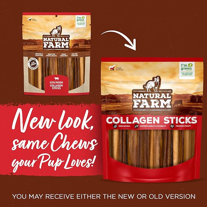 Natural Farm Peanut Butter Flavor Collagen Sticks for Dogs (3-5 Inch, 10 Pack), Long-Lasting Beef Collagen Sticks, Rawhide Alternative Chews with Chondroitin & Glucosamine, Low-Fat Dental Treats