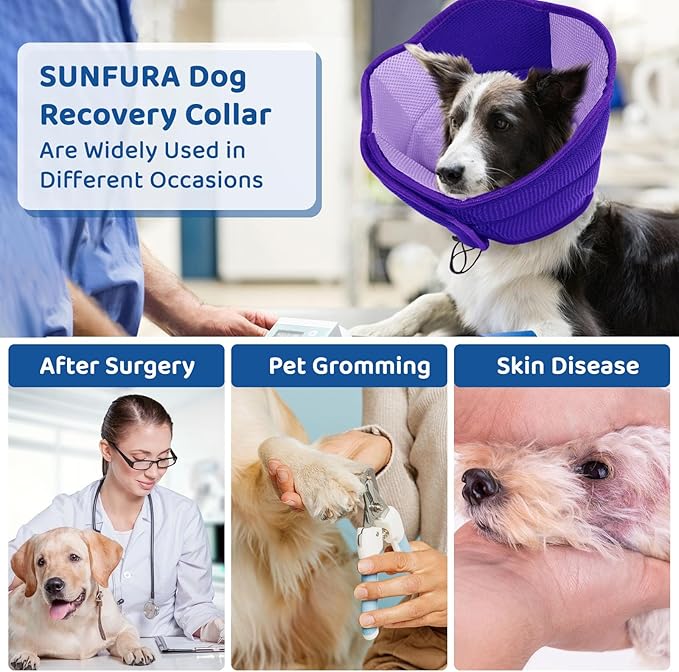 SUNFURA Dog Cones for Large Dogs, Soft Pet Cone Stop Licking After Surgery, Adjustable Pet E-Collar Alternative for Wound Healing, Purple X-Large