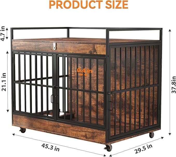 45 Inch Dog Crate Furniture for Large Dog with 2 Stainless Steel Bowls, XL Heavy Duty Dog Kennel Indoor, Large Wooden Dog Crate Table for Decorate House As TV Stand, End Table