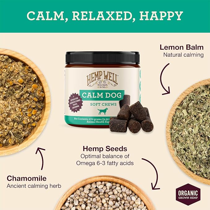 Hemp Well Calm Dog Soft Chews: 60 ct. Organic Hemp Infused with Melatonin - Calming Chews for Separation, Thunderstorms, and Stress - 1 Pack Chews