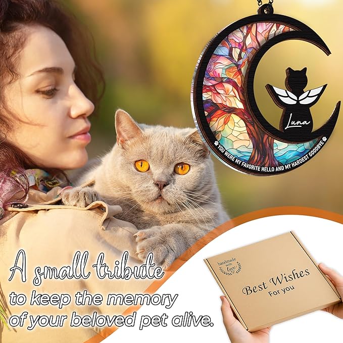 6" DIY Cat Angel Memorial Suncatcher, Engraved Pet Memorial Ornament, Pet Sympathy Keychain, Loss of Animal Sympathy Card, Rainbow Bridge Cat Loss Gift, My Favorite Hello Hardest Goodbye PS191