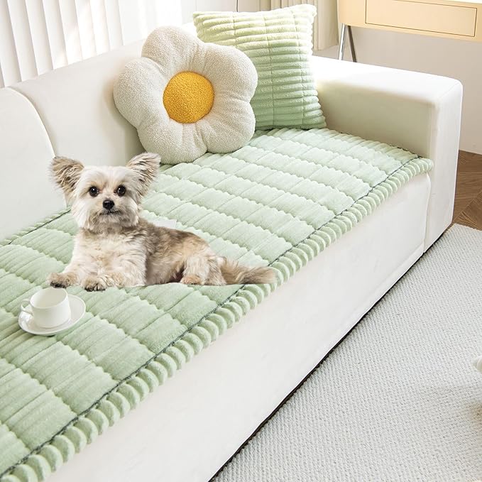 Faux Fur Plush Dog Couch Cover 3D Stripe Fuzzy Sofa Cover Non-Slip Fluffy Dog Bed Cover Pet Blanket Sofa Couch Furniture Protector for Puppy Large Dog Cat (Green,24"x59")