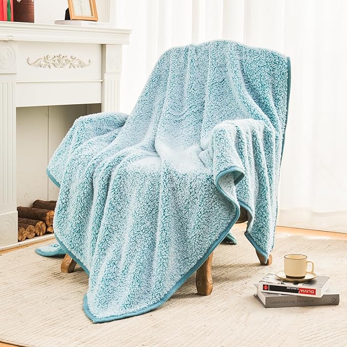 EMME Soft Sherpa Fleece Blanket Reversible Plush Fluffy Large Blanket, Light Weight Warm Decorative Boho Blanket Cover for Sofa, Couch, Bedroom,Travel(Plush Teal,50"x60")