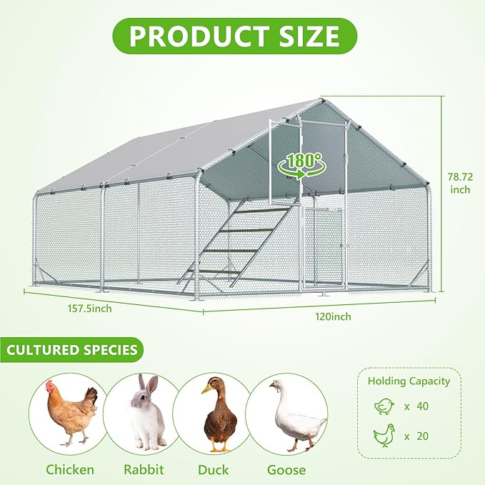 Large Chicken Coop,Metal Chicken Run for Yard with Feeding Door,Walk-in Chicken Pen for 10-20 Chickens,Outdoor Poultry Cage with Anti-UV Cover,Duck Rabbit House
