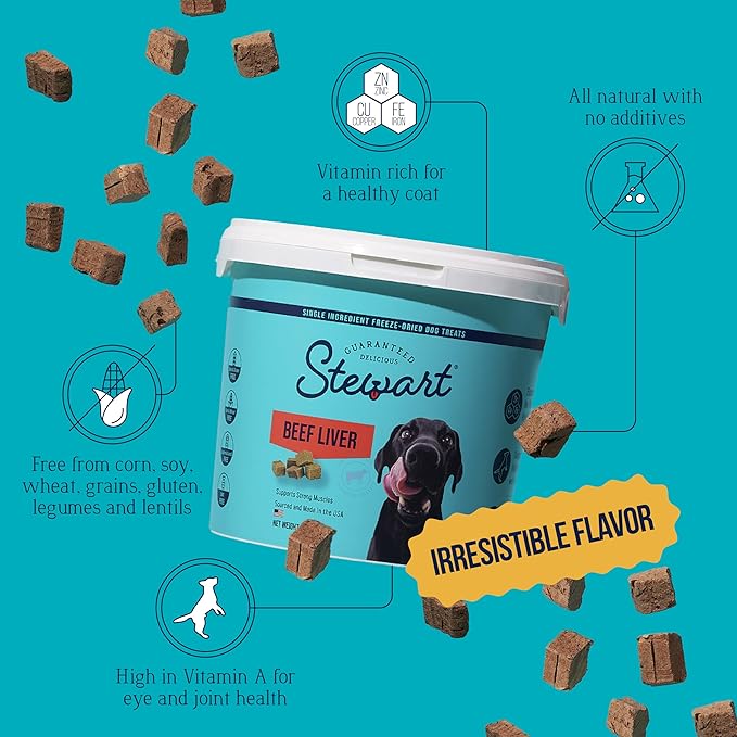 Stewart Beef Liver Dog Treats, 14 oz, ~315 Pieces, Freeze Dried Raw, Single Ingredient, 50% Protein Training Treats or Meal Topper in a Resealable Tub, Grain Free, Gluten Free