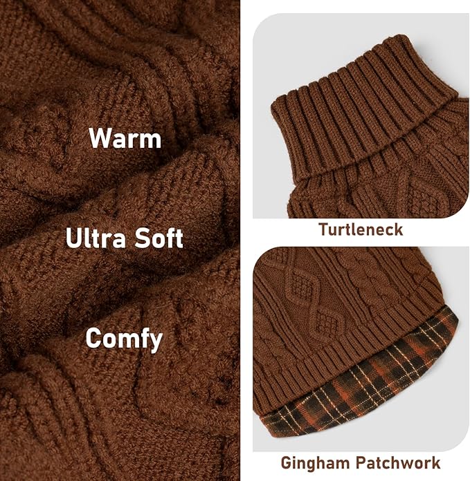 KYEESE Dog Sweater Comfy Pet Coat for Fall Winter Cold Weather Stretchy Knitwear Cat Clothes Soft Pullover Dog Sweaters for Small Dogs Male Warm Turtleneck Small Dogs Sweater with Gingham Patchwork