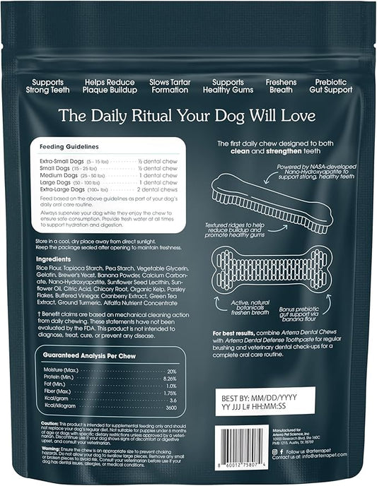 Arterra Pet Science Dog Dental Chews with Nano-Hydroxyapatite Next-Generation Daily Chews for Stronger Teeth, Fresh Breath, and Healthy Gut, 30 Count, Pack of 1