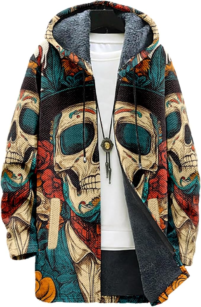 MARSVOVO Cool Hippie Long Cardigan Hoodies for Men Zipper Fleece Lined Knit Coat Skull Animal Print Graphic Jackets