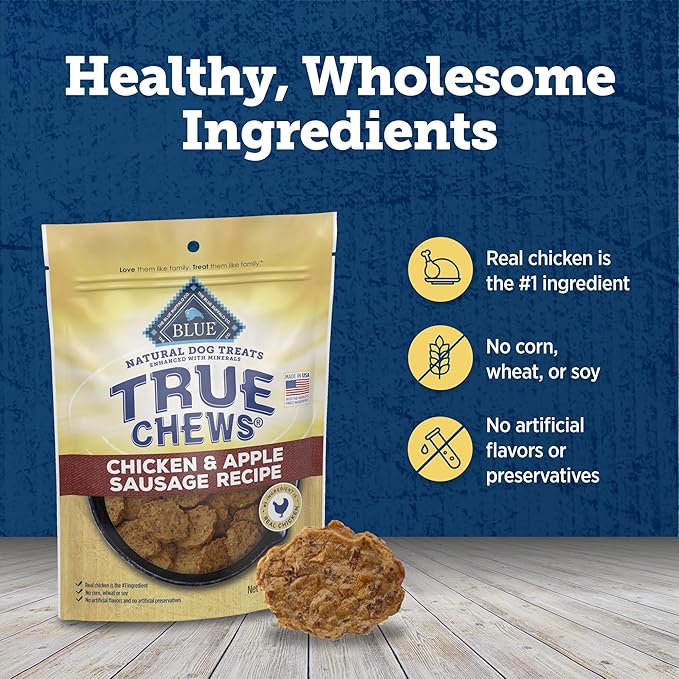 Blue Buffalo True Chews Dog Treats, Made in The USA with Natural Ingredients, Chicken and Apple Sausage Recipe, 12-oz Bag