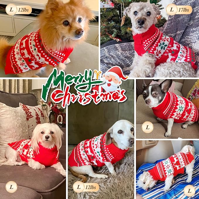 KYEESE Dog Christmas Sweater, Warm Turtleneck Dog Sweater for Small Dogs Boy Girl with Snowflake Reindeer Pattern, Winter Doggie Knitwear with Leash Hole, Soft Cozy Pet Clothes, Large