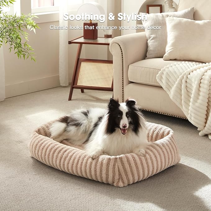 MIXJOY Dog Bed Medium Size Dog, Washable Medium Dogs Bed with Removable Cover, Soft Rectangle Doggy Ded Fluffy Plush Faux Fur Pet Bed with Anti-Slip Bottom, 30"x24"x8", Beige