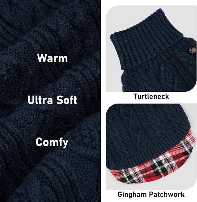 KYEESE Dog Sweater Warm Turtleneck Small Dogs Sweater Stretchy Knitwear Cat Clothes with Gingham Patchwork Comfy Pet Coat for Fall Winter Cold Weather Soft Pullover Dog Sweaters for Small Dogs Male