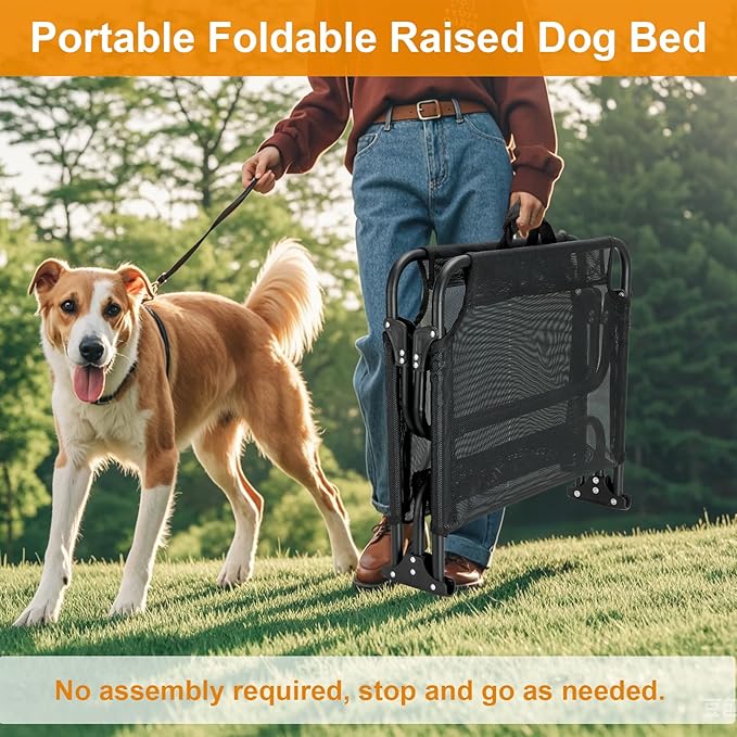 Foldable Elevated Dog Bed, No Assembly Need, Waterproof Folding Raised Dog Bed, Outdoor Dogs Cot Cooling Pet Hammock Bed with Breathable Mesh for Small Medium Size Dogs, Chew-Proof, Black