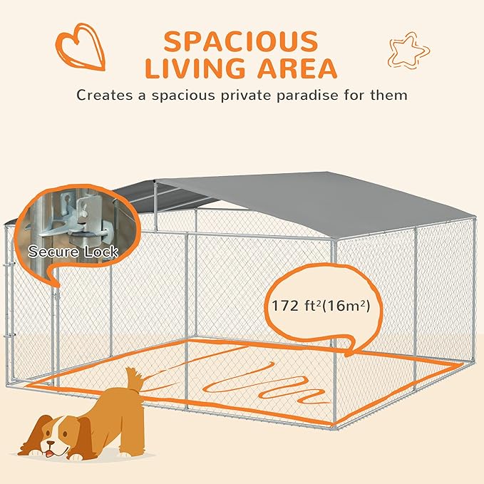 PawHut Outdoor Dog Kennel, Heavy Duty Dog Run Outdoor Fence with Waterproof Cover, Galvanized Chain Link, Secure Lock, for Large Breeds, Chickens, Ducks, 13' x 13' x 7.5'