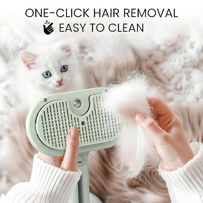 3-in-1 Anti-Static Pet Steam Brush for Dogs & Cats - Steam Clean, Calming Massage & Self-Cleaning Hair Ejection, Quick Heat-Up, USB-C Rechargeable, Low-Noise Deshedding & Dematting - Green