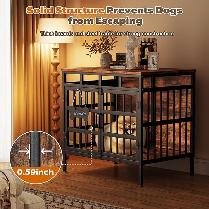 29 Inch Dog Crate Furniture, Heavy Duty Dog Kennel for Small or Medium Dogs, Double Doors Indoor Decor Pet House Cage, Anti Escape Wooden Dog Cage with Name Tag End Table, TV Stand, Brown