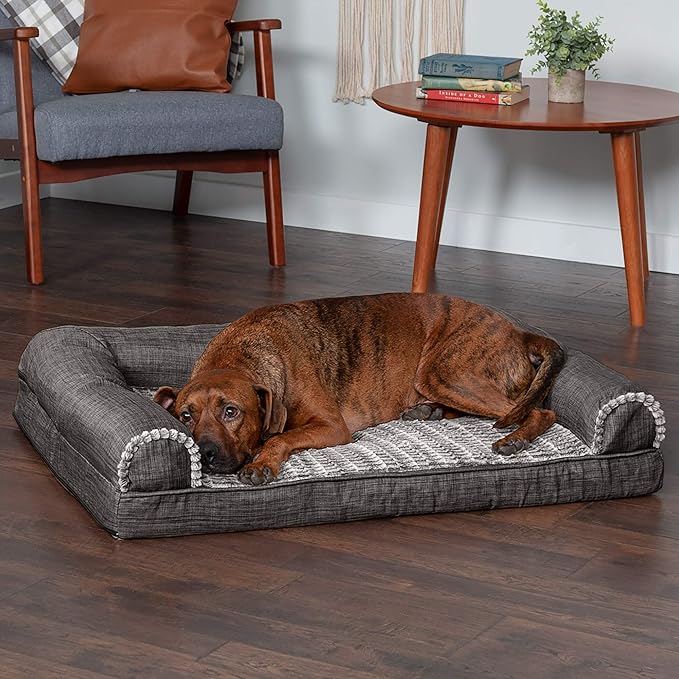 Furhaven Memory Foam Dog Bed for Large/Medium Dogs w/ Removable Bolsters & Washable Cover, For Dogs Up to 55 lbs - Luxe Faux Fur & Performance Linen Sofa - Charcoal, Large