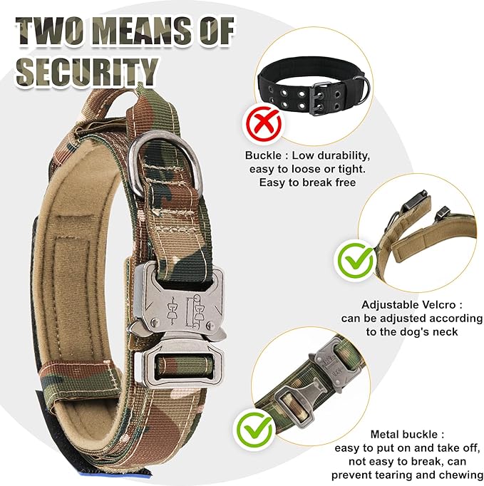 KCUCOP Tactical Dog Collar - Heavy Duty Collar with Handle and Metal Buckle, Military Thick Dog Collars for Medium and Large Dogs(Upgrade Camo-XL, 2 Patches)