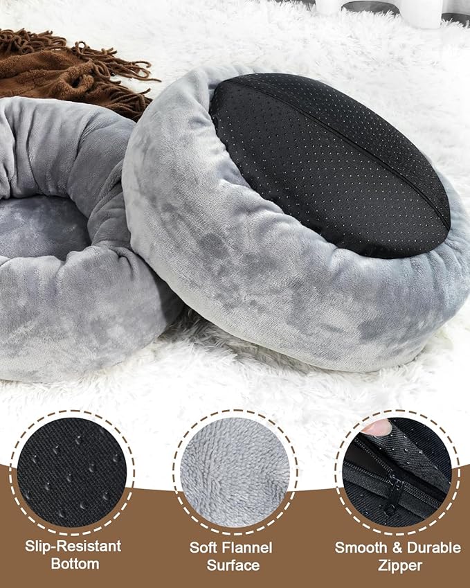 Donut Dog Bed with Pocketed Coils and Soft Foam Support, Detachable Washable Calming Puppy Bed for Small Dogs, Round Flannel Anti-Anxiety Pet Bed, 20 in, Gray