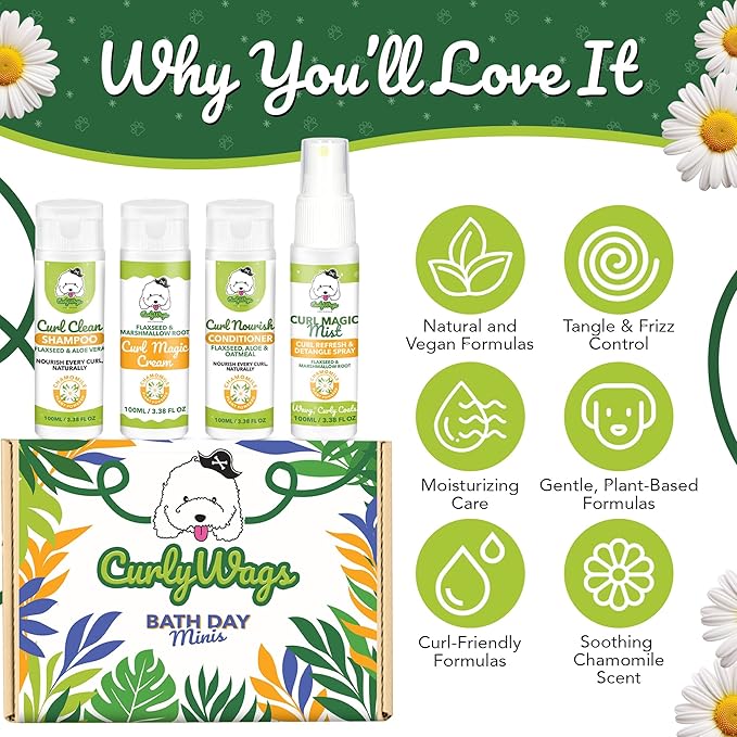 Curly Dog Grooming Kit – Travel-Size Shampoo, Conditioner, Curl Cream & Curl Refresh Detangler Spray, for Doodle, Poodle & Curly Coats, TSA-Friendly Gift Bundle (Chamomile)