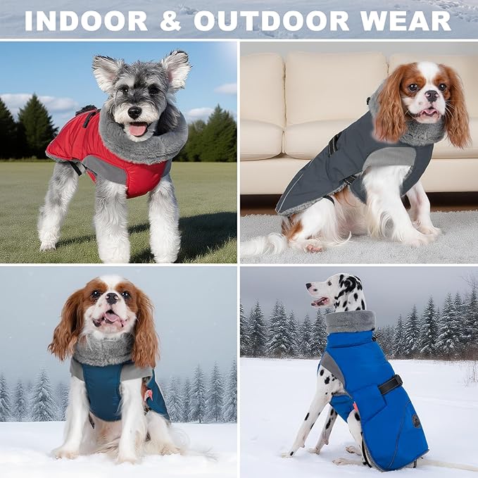 KYEESE Waterproof Dog Coat, Windproof Pet Jacket with Thick Fleece Lining, Extra Warm High Collar Dog Coats for Medium to Large Dogs with Leash Hole and Reflective Strips, Navy Blue, XX-Large