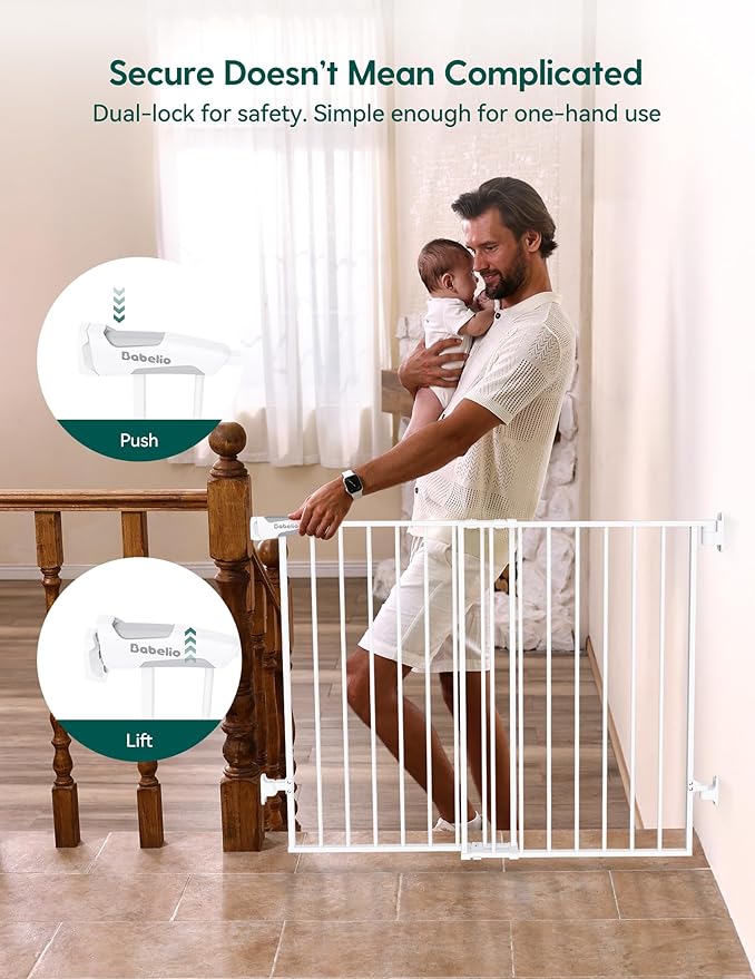 Babelio Baby Gate for Stairs, Kitchen & Doorways, No Bottom Bar| Easy Installation| One-Handed Operation| Auto-Close| Hardware Mount (Drill Needed) Safety Dog Gate (White-B17, 29-49" W, 28" H)