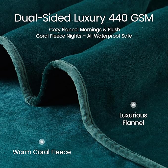 LOOBANI Waterproof Blanket for Bed: Reversible Leakproof King Size Bed Blankets 85" x 108", Soft Flannel & Coral Fleece Bed Blankets Water Resistant for Couch Sofa, Family Camping, Green