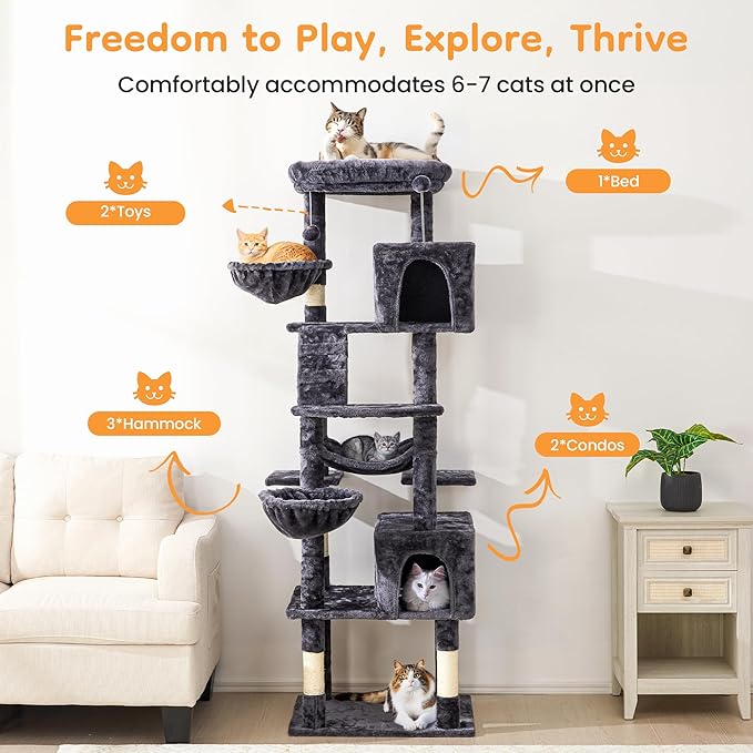 73" Multi-Level Cat Tree Tower for Large Cats with Scratching Posts, Condos, Perch, Hammocks & Toys, Large Cat Jungle Gym for Indoor Cats, Ideal for Multi-Cat Households, Dark Gray