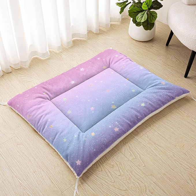 Dog Crate Bed Washable Crate Pad Pink Gradient Stars Printed Soft Fluffy Pet Sleeping Mat for Large Medium Small Animals(Stars-2 S)